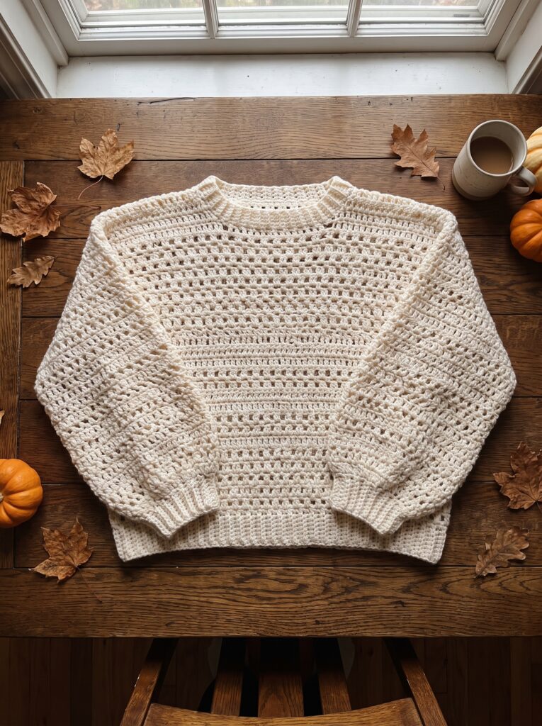 ivory openwork crochet sweater laid flat on a dark wood table surrounded by autumn leaves and small pumpkins