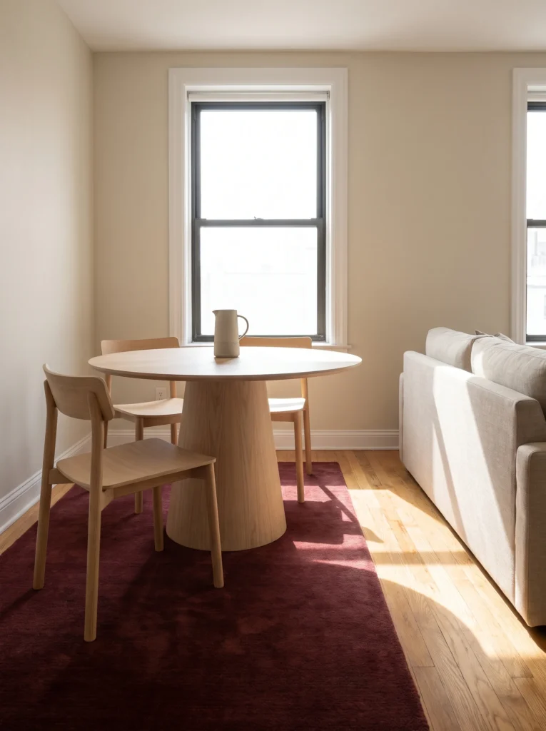 pale oak round pedestal dining table with three light wood chairs on a deep burgundy rug beside a window and a cream sofa