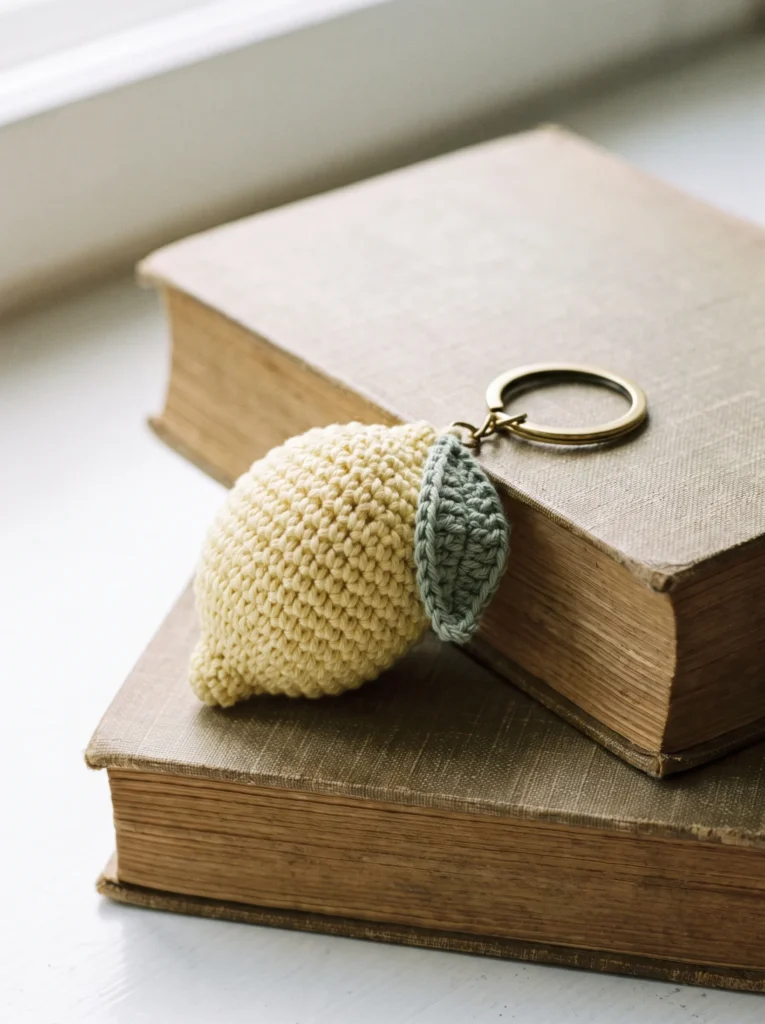 pale yellow crochet lemon keychain with a sage green leaf and brass ring resting on stacked antique books