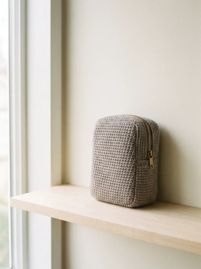 Taupe crochet zip pouch with brass zipper sitting on a wood windowsill