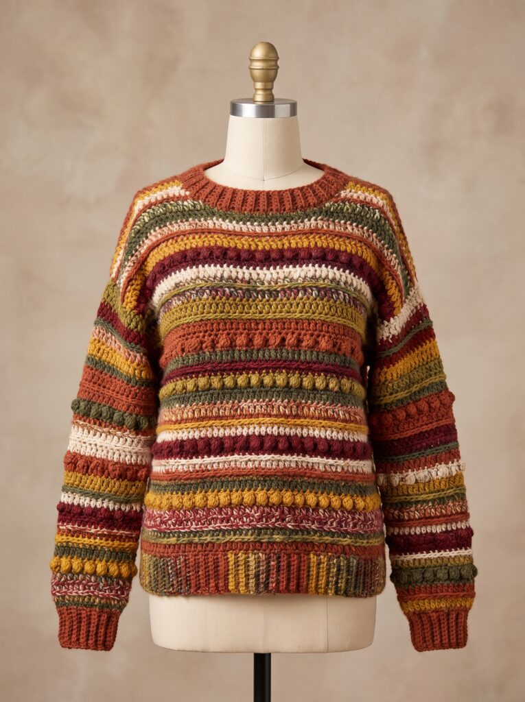 multicolored striped crochet sweater with bobble and puff stitch rows displayed on a dress form