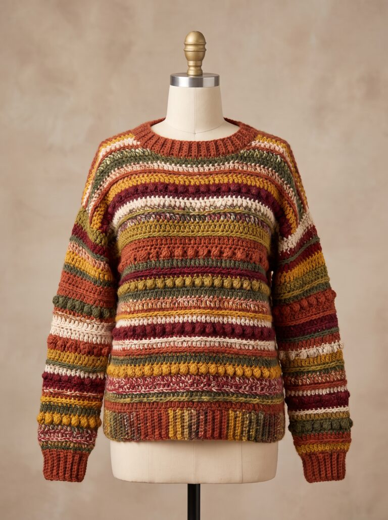 multicolored striped crochet sweater with bobble and puff stitch rows displayed on a dress form
