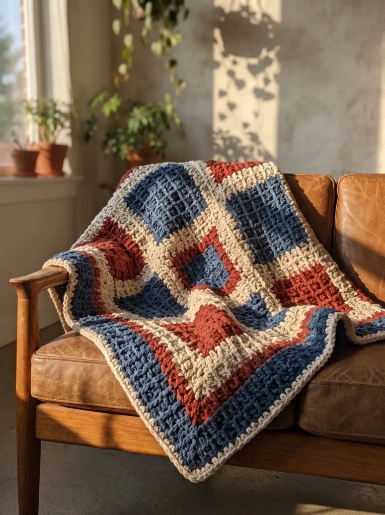 chunky crochet plaid blanket in blue, rust and cream draped over a leather sofa in warm sunlight