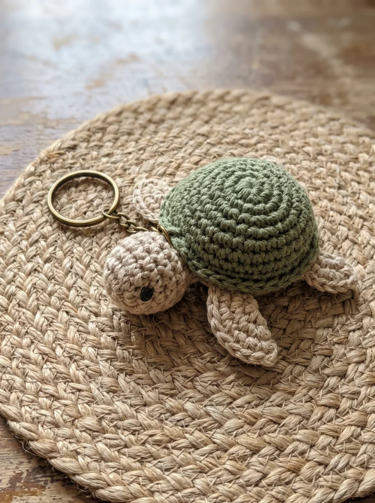 green and beige crochet turtle keychain with a domed shell and four flippers on a woven jute placemat