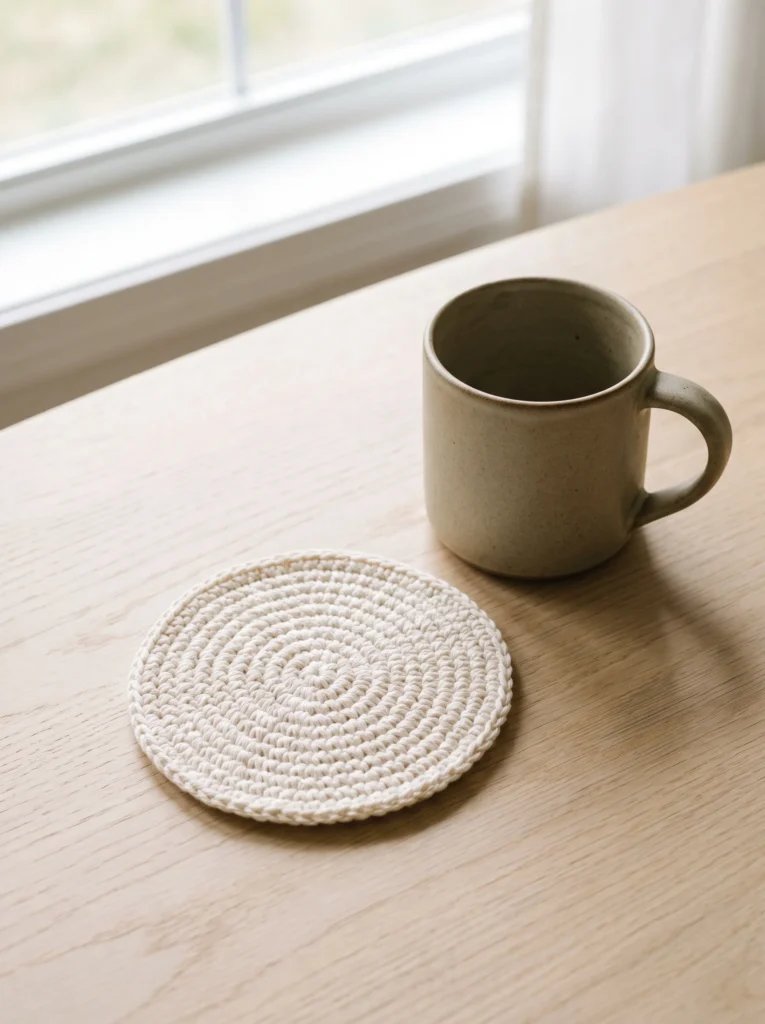 Round ivory crochet coaster next to a stoneware mug on a wood table