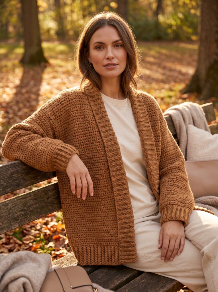 woman sitting on a park bench in autumn wearing a long caramel crochet cardigan over a cream tee