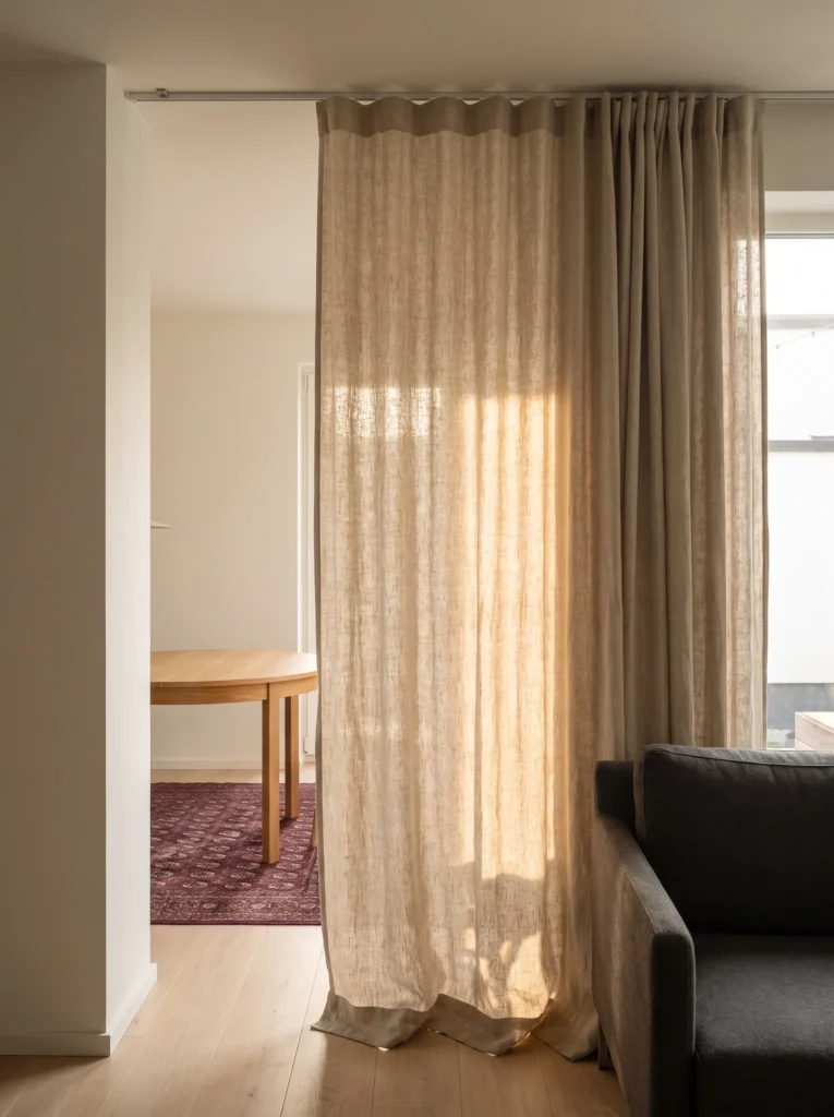 sheer natural linen curtain hung on a ceiling track dividing a living area from a dining table with a red patterned rug beyond